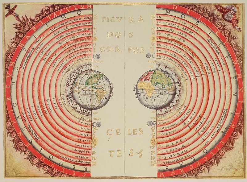 Ptolemaic conception of the Universe by Bartolomeu Velhomade, 1568. Public domain.