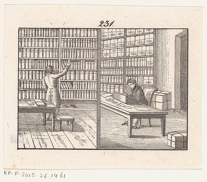 Print of two library scenes